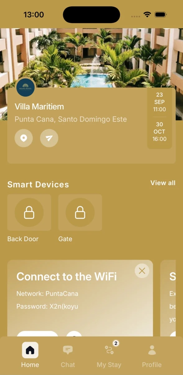 Villa Maritiem — branded guest app, #C9A24B accent