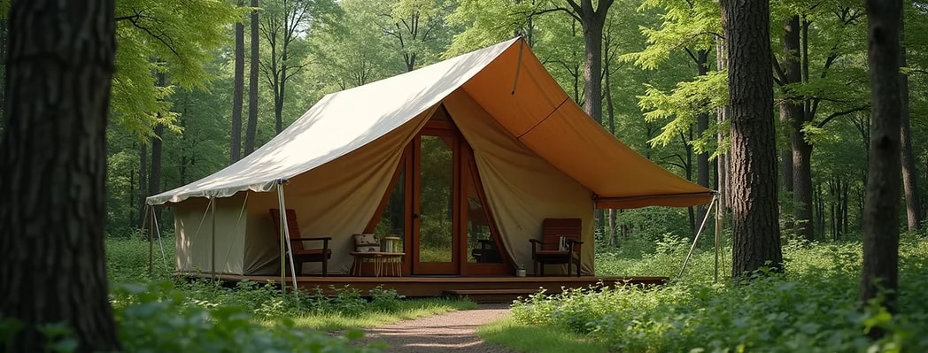 A safari tent among the trees at a holiday park