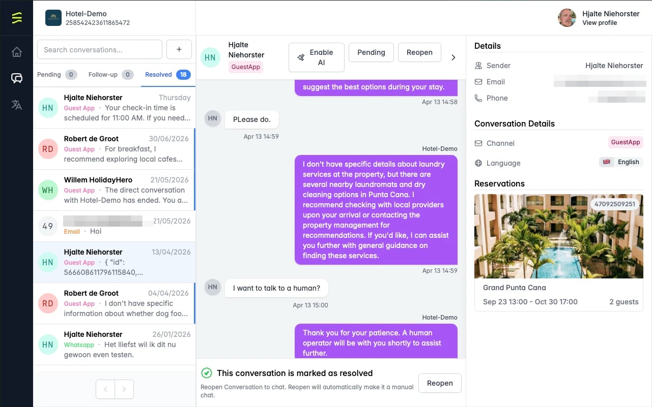 Unified inbox — conversations, thread and guest details